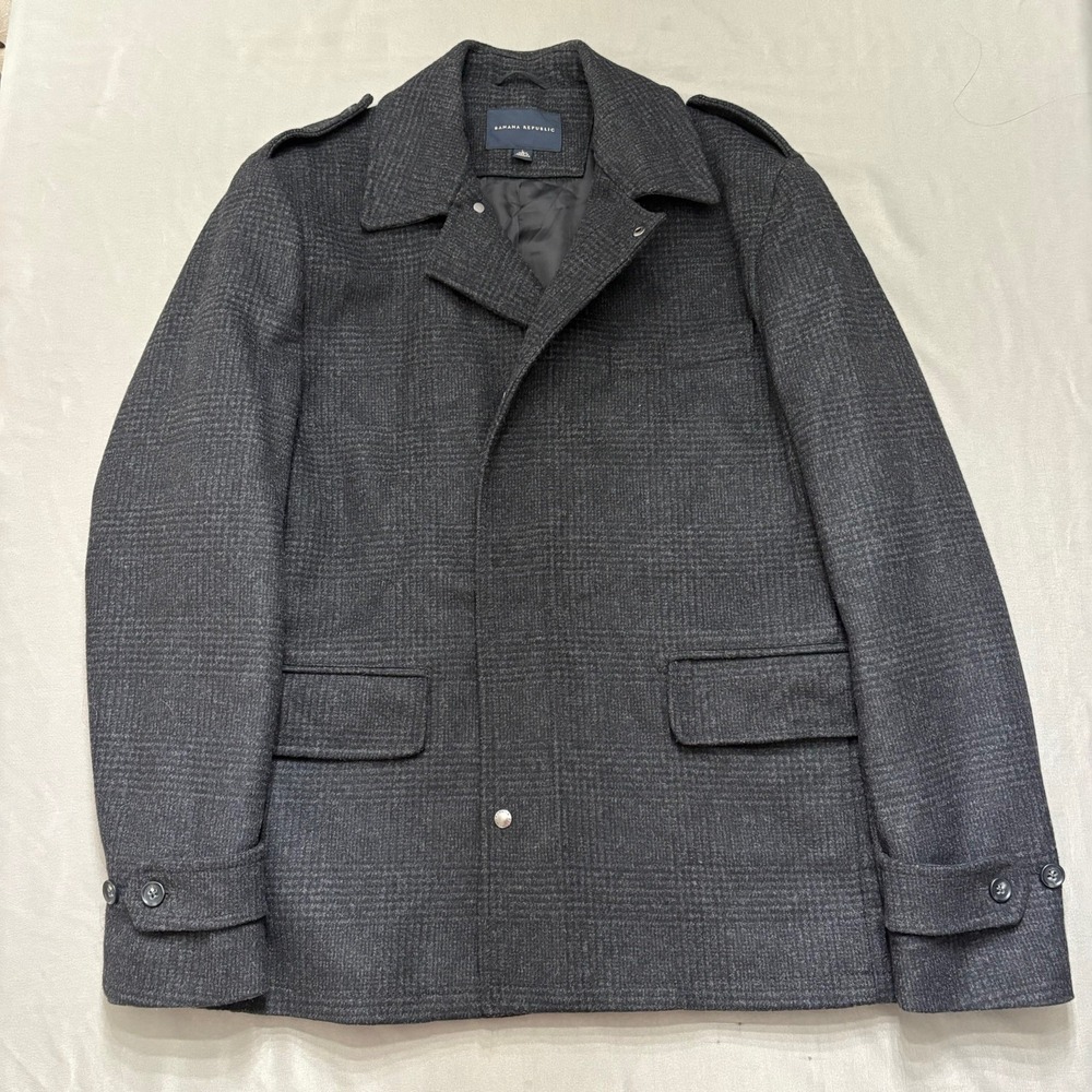 BANANA REPUBLIC Men's Large Gray Plaid Field Jacket Utility Coat Full Zip Snap L